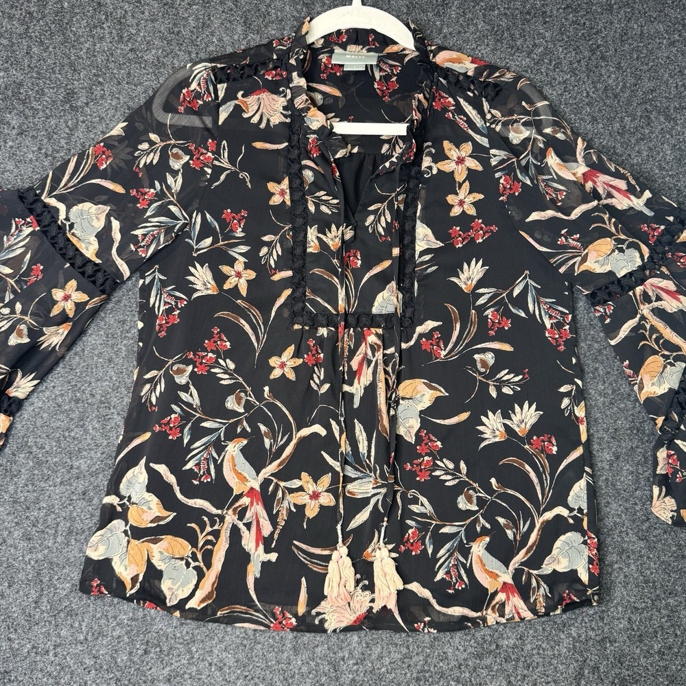 Anthropologie Maeve Odette Blouse Women Size S Black Floral Bell Sleeve Bohemian